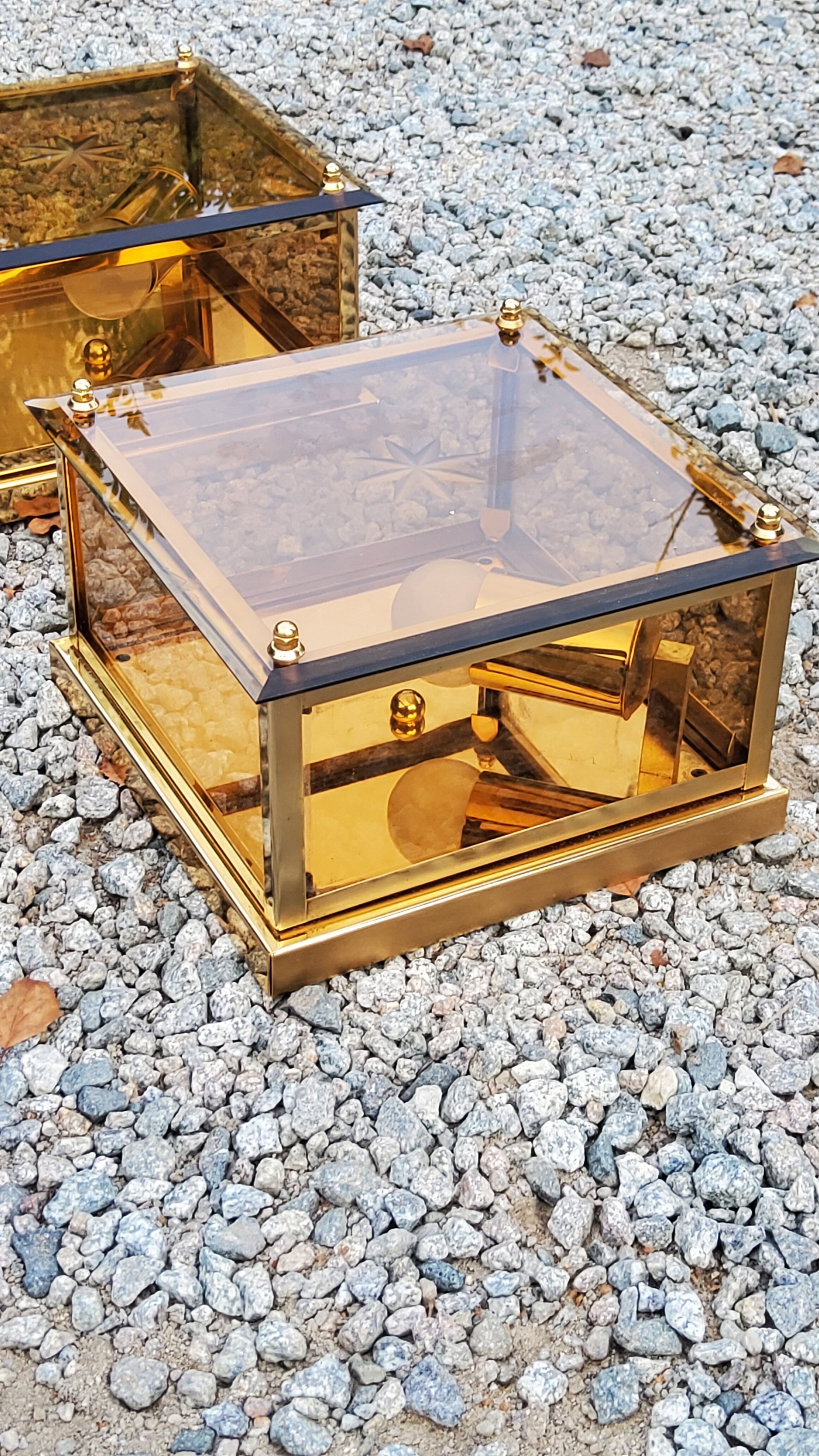 Pair of wall lamps in smoked glass and gilded metal from the 70s/80s