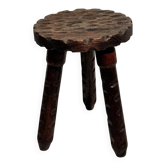 Brutalist sculpted tripod stool in solid wood — 1960s