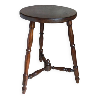 Tabouret tripode en bois massif tourné vintage