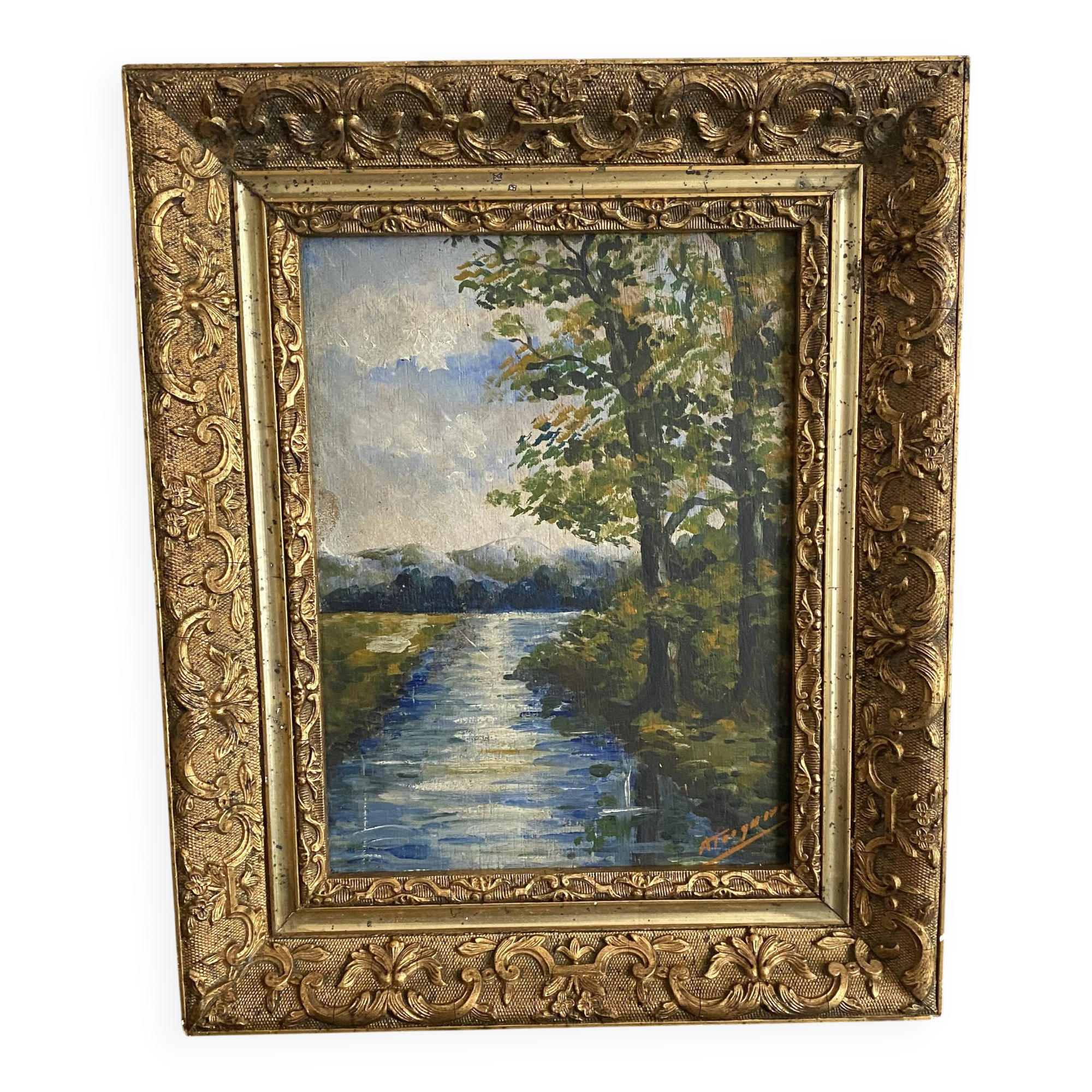 Framed old painting landscape 34X28 cm
