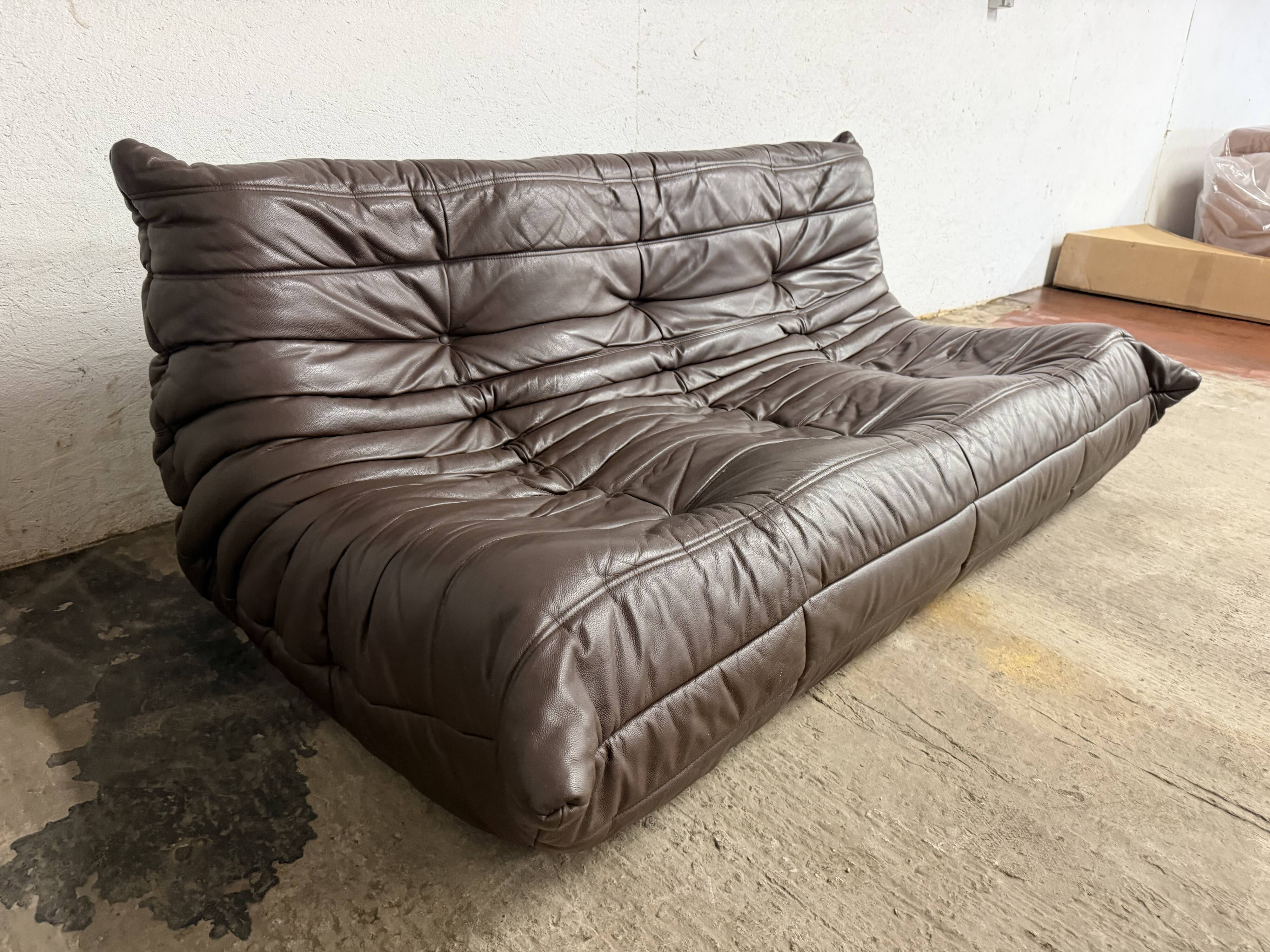 100% authentic Ligne Roset Togo 3-seater in chocolate brown original leather.