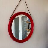 Mid-Century Scandinavian Red Round Wooden Mirror with Leather Strap, 1950s