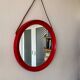 Mid-Century Scandinavian Red Round Wooden Mirror with Leather Strap, 1950s