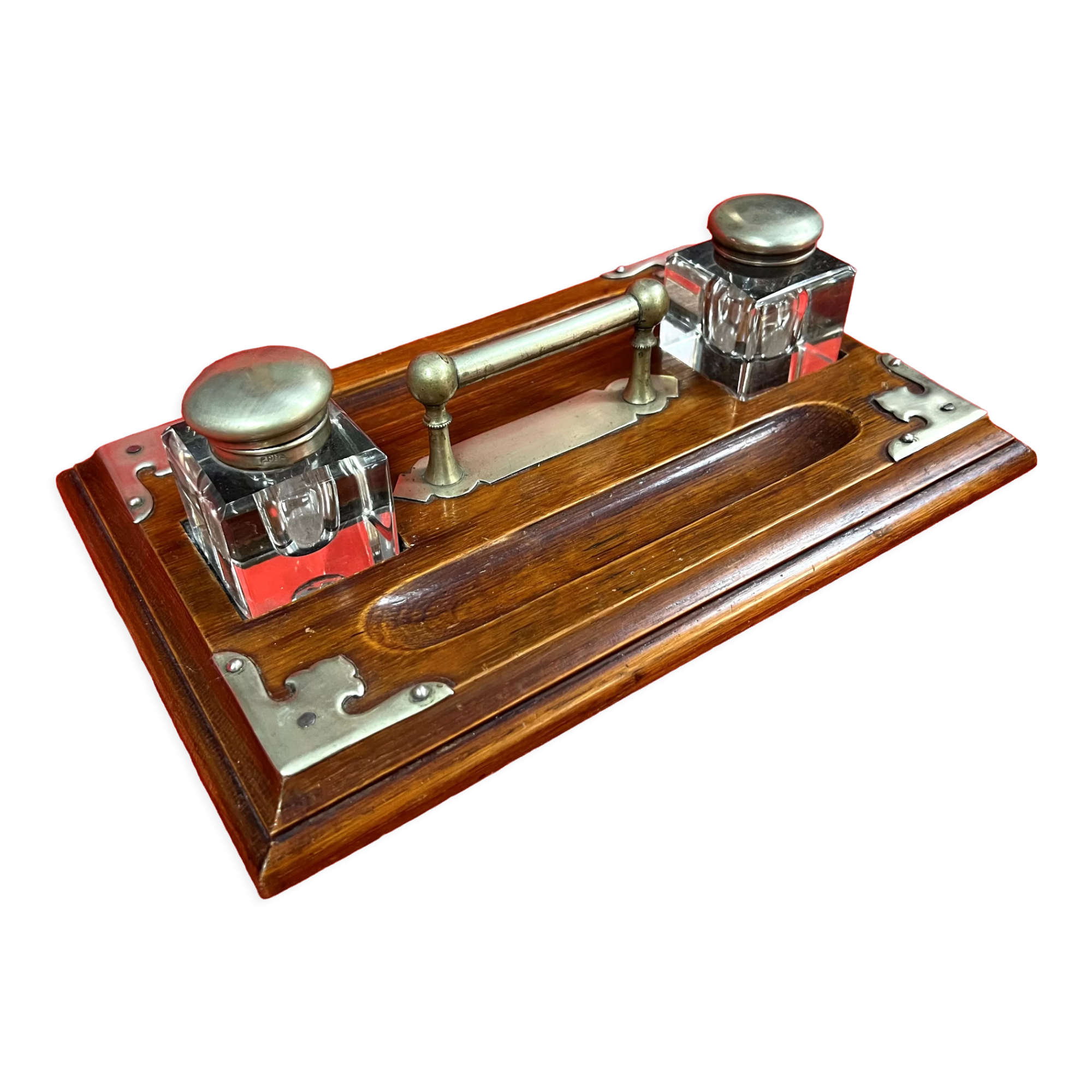 Napoleon III era inkwell in oak and metal