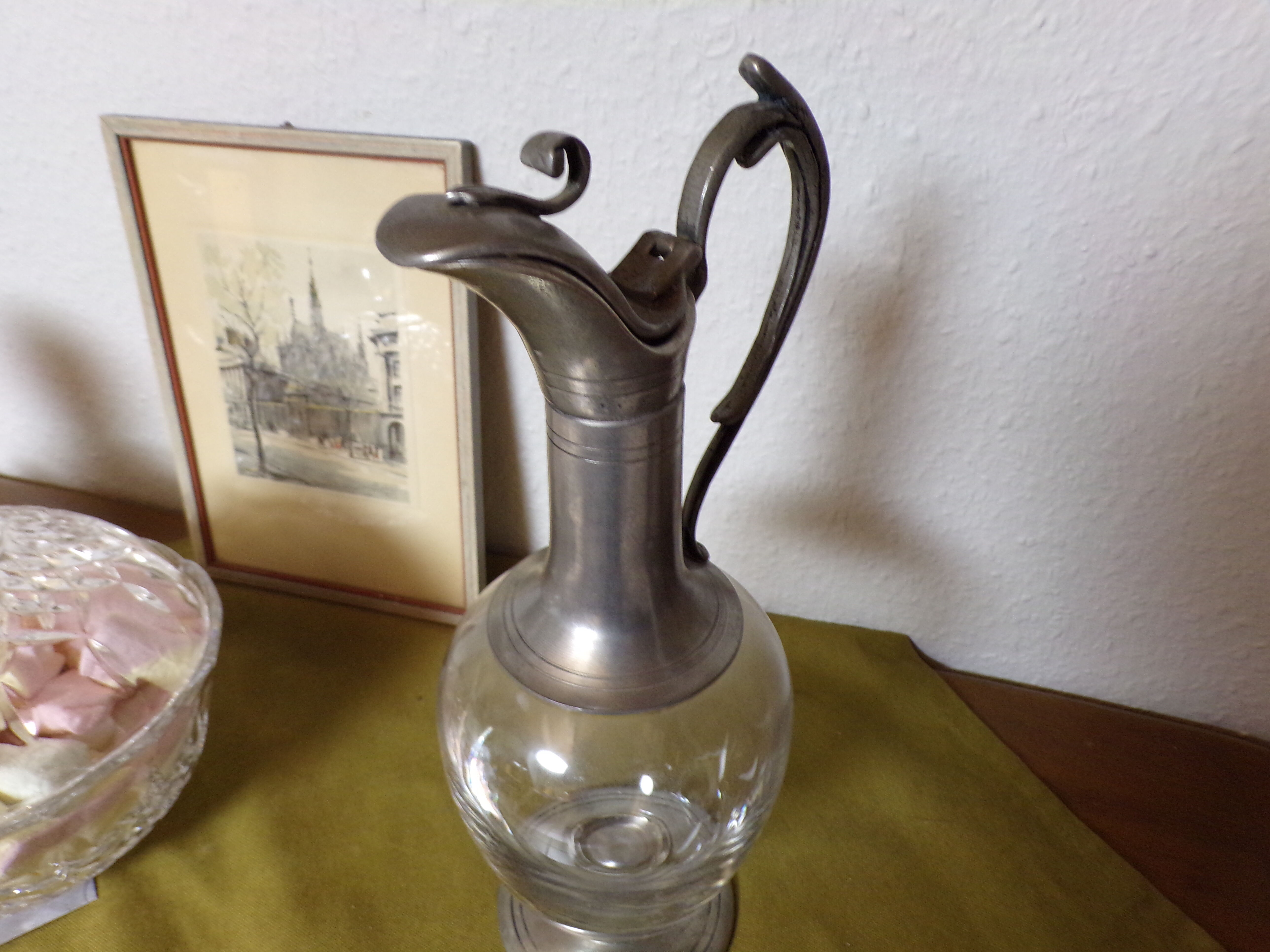 Tin ewer and vintage molded glass