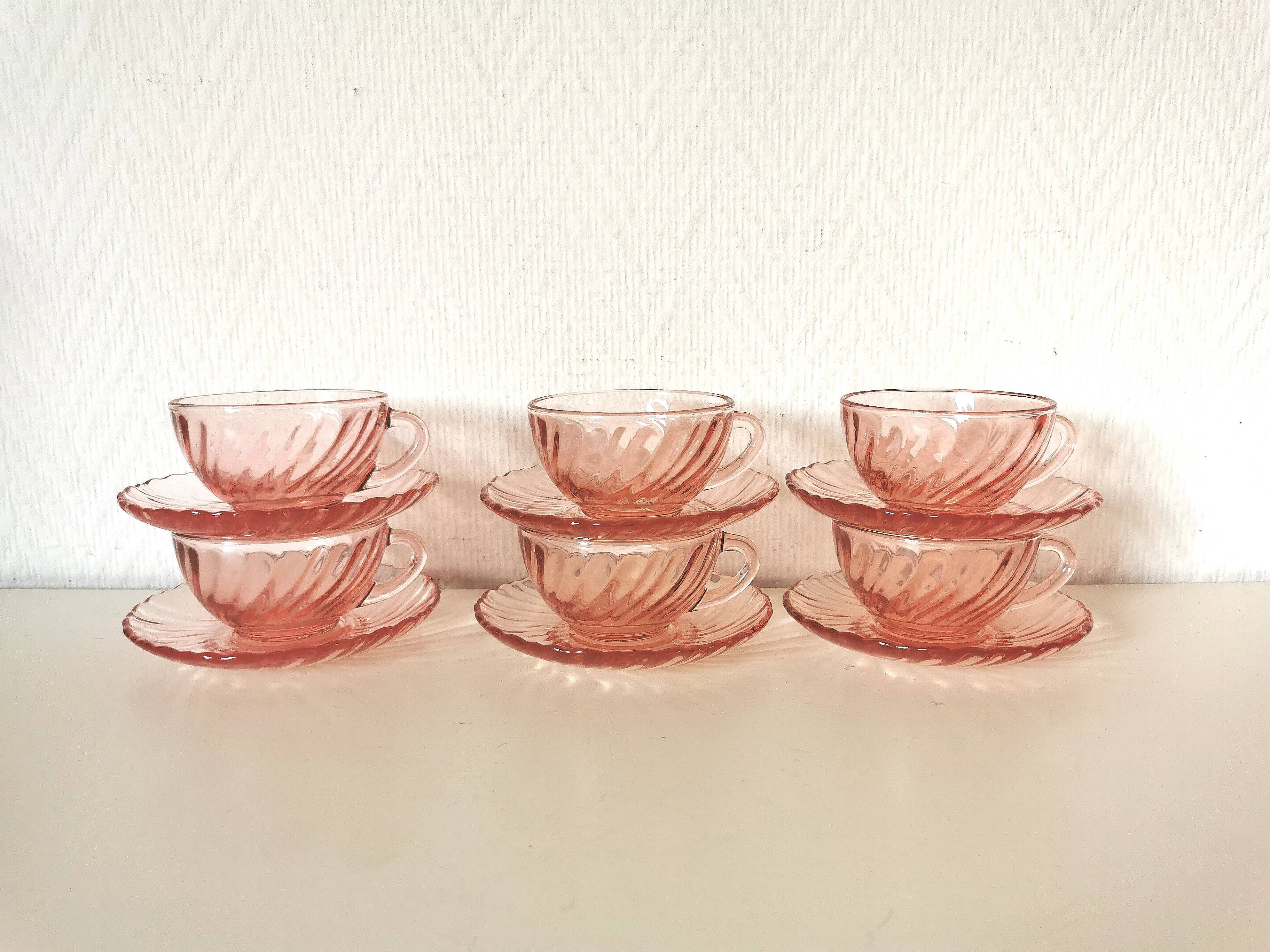set of 6 pink glass coffee cups and saucers, rosaline