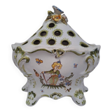Moustiers ceramic flower pick with bird and flower decor