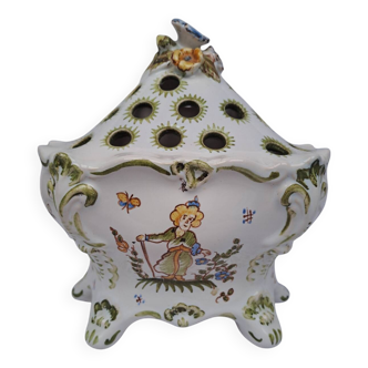 Moustiers ceramic flower pick with bird and flower decor