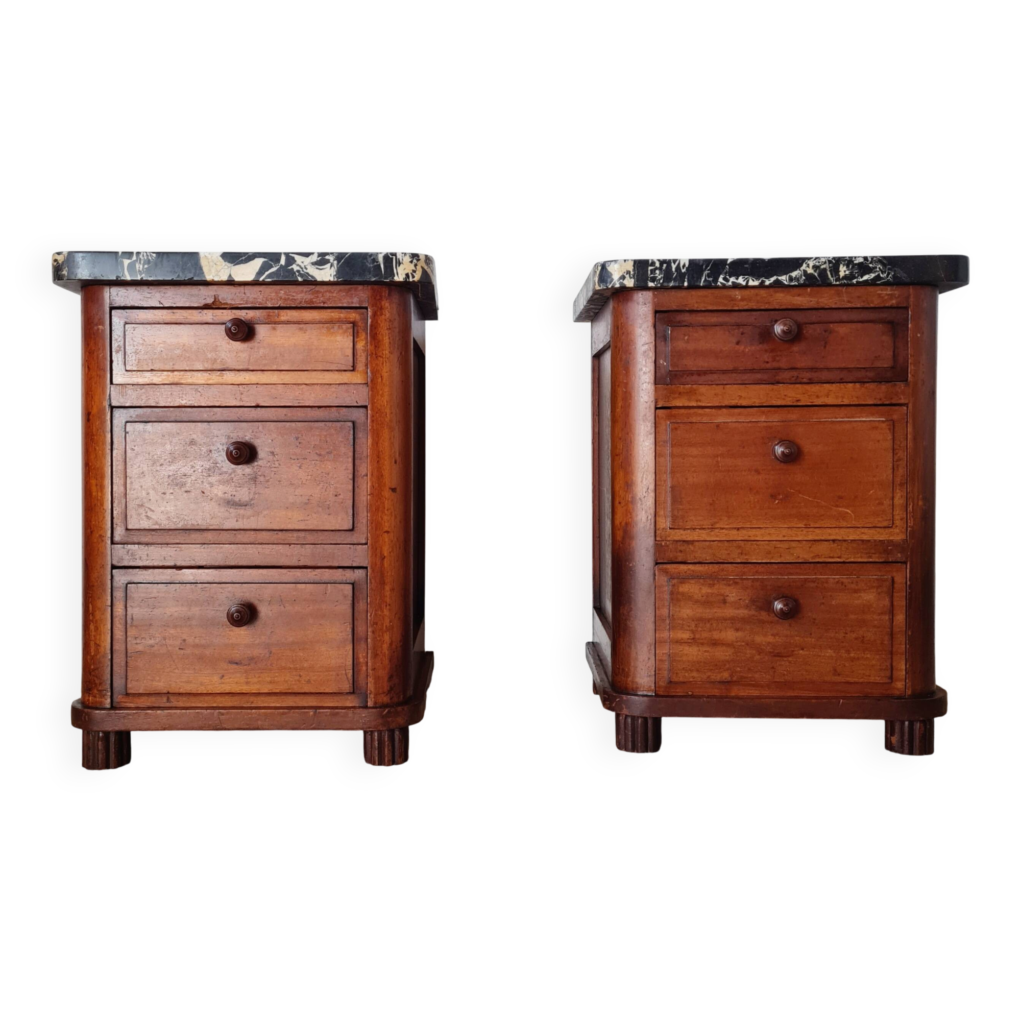 Paire de chevets Art déco en bois et marbre noir
