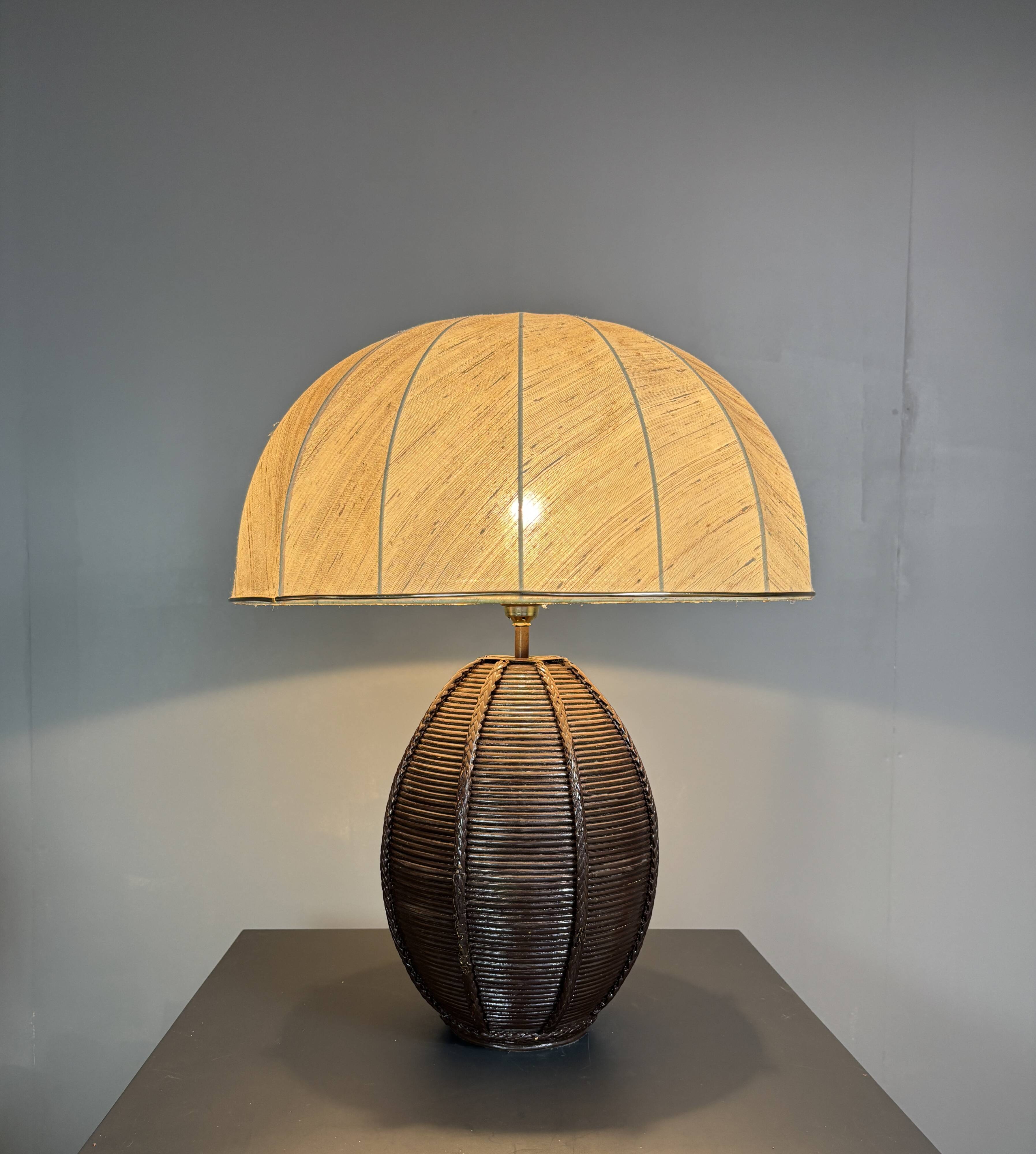 Lampe de table extra large en rotin à tige de crayon avec abat-jour en forme de champignon, années 1970