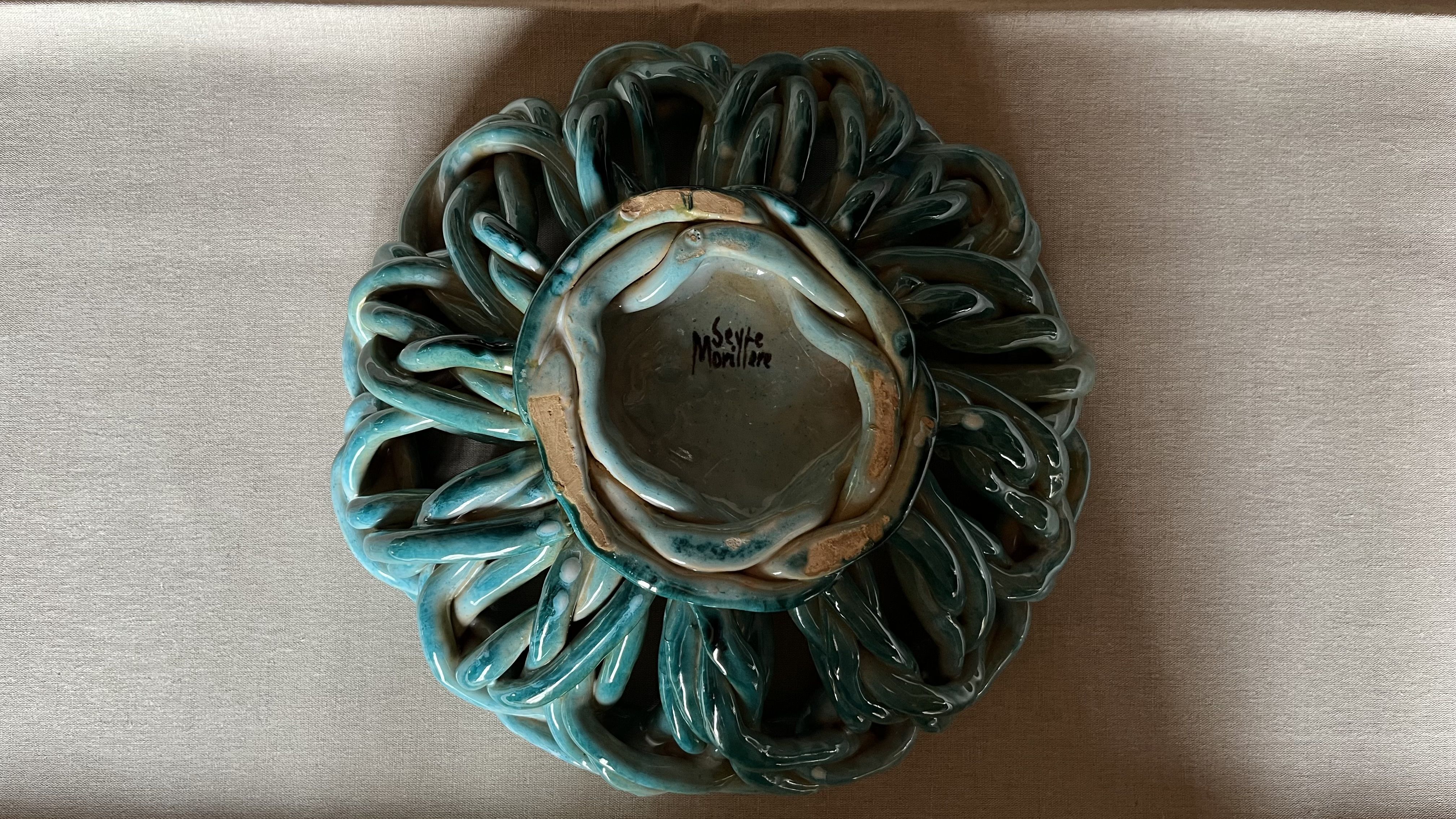 Vintage woven ceramic fruit bowl signed Morillere