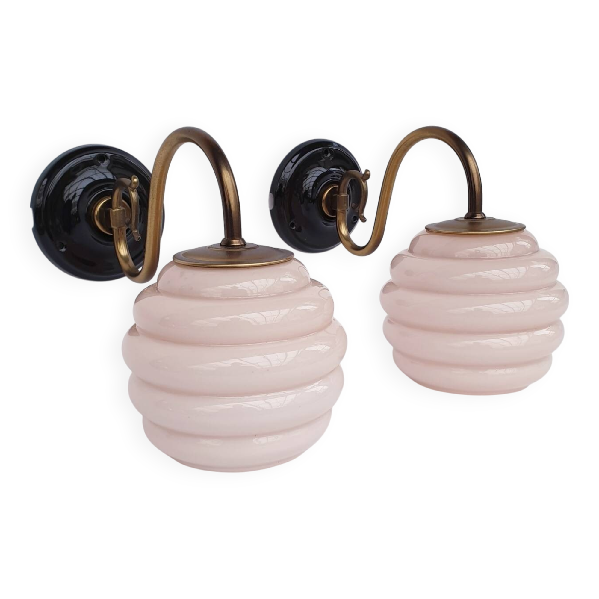 Brass and glass swan neck wall lights