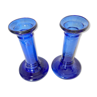 Paire de bougeoirs en verre bleu cobalt vintage