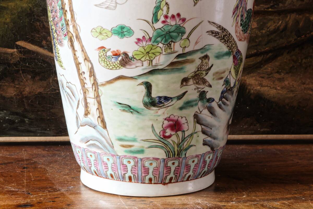 Chinese porcelain vase, peacocks, birds, trees, peonies