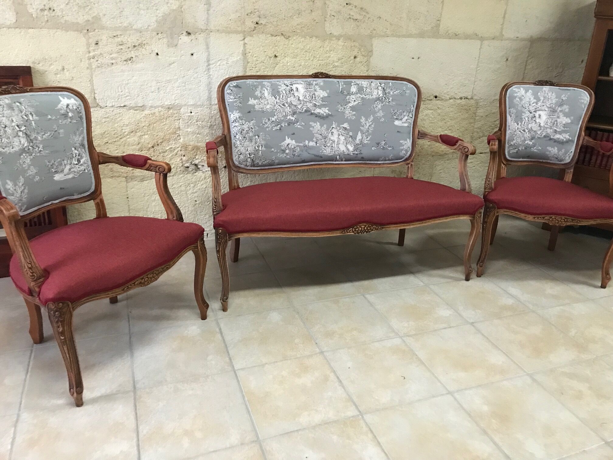 2-seater sofa and 2 armchairs in Louis XV style, revamped