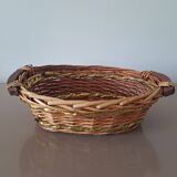 Vintage round woven wicker basket with wooden handles