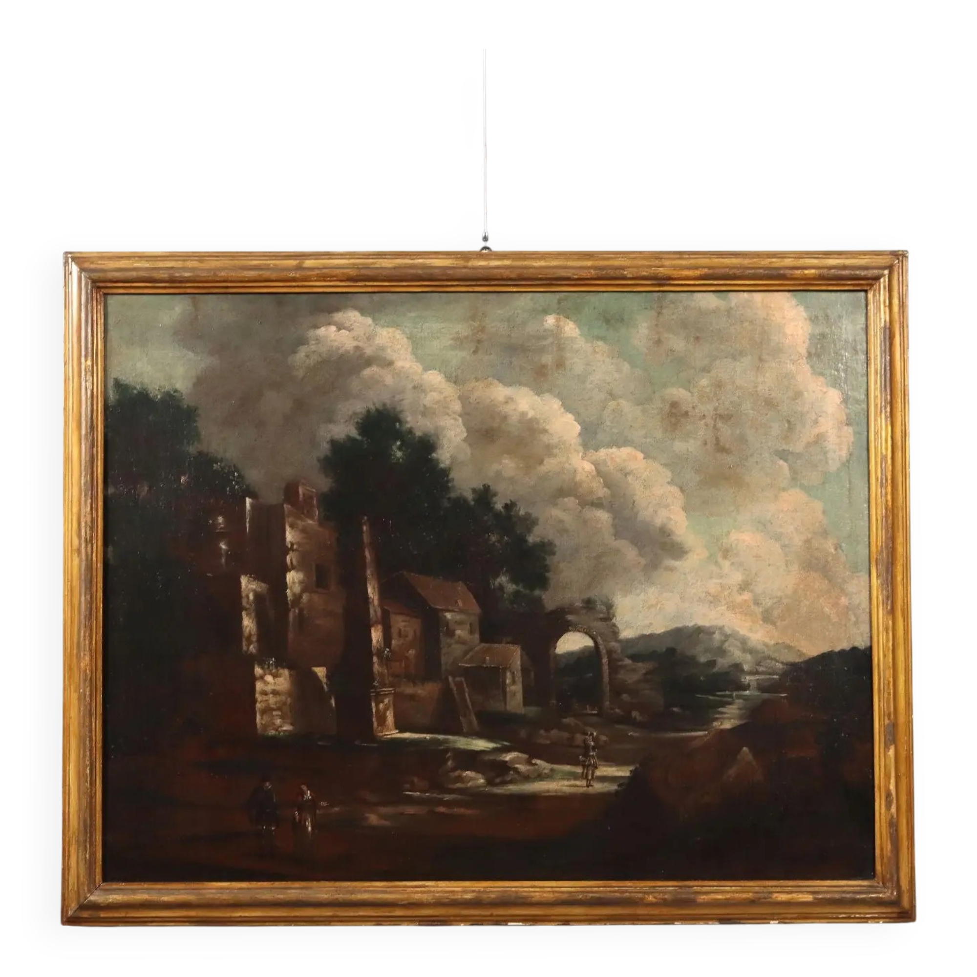 Old painting of landscape and figures, oil on canvas, 18th century.