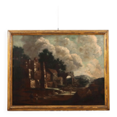 Old painting of landscape and figures, oil on canvas, 18th century.