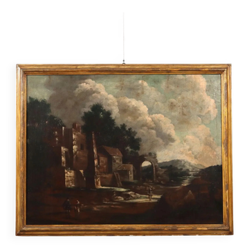 Old painting of landscape and figures, oil on canvas, 18th century.