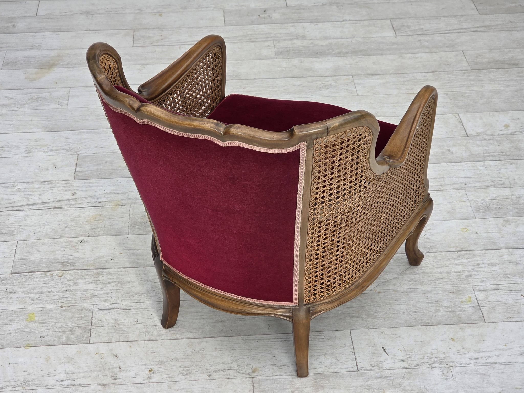 1950s, Danish armchair, furniture velour, ash wood,, mesh.