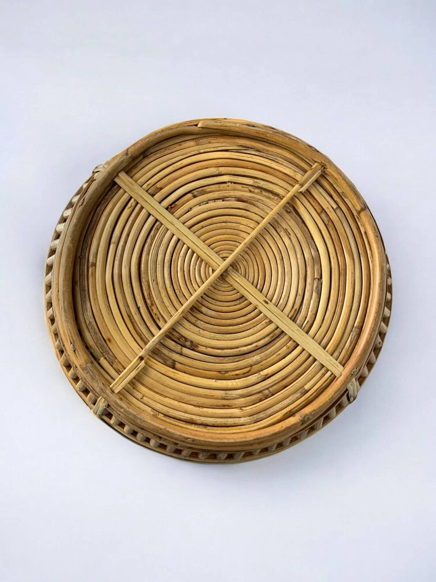 Circular rattan and brass basket, Italy, 1970