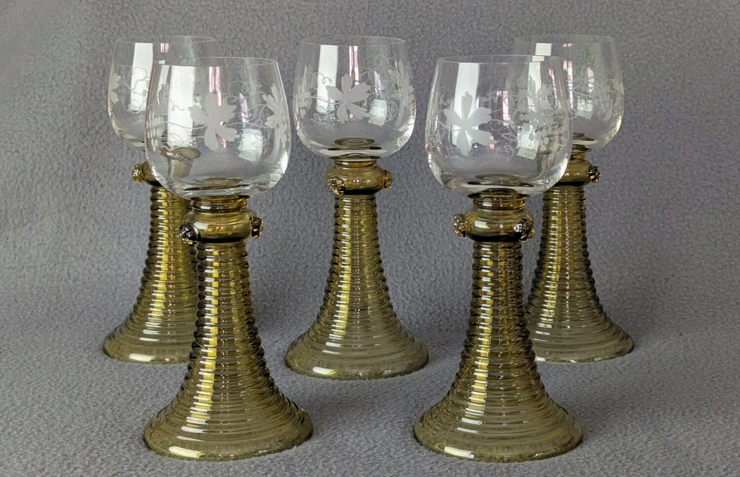 Wine glasses Roemer, Alsace, Rhine, engraved crystal and smoked glass x 5