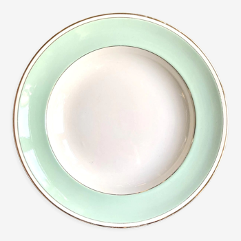 Luneville round and hollow dish in water-green and golden opaque porcelain