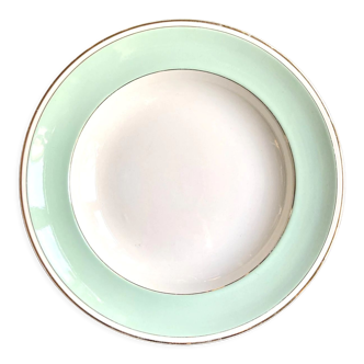 Luneville round and hollow dish in water-green and golden opaque porcelain