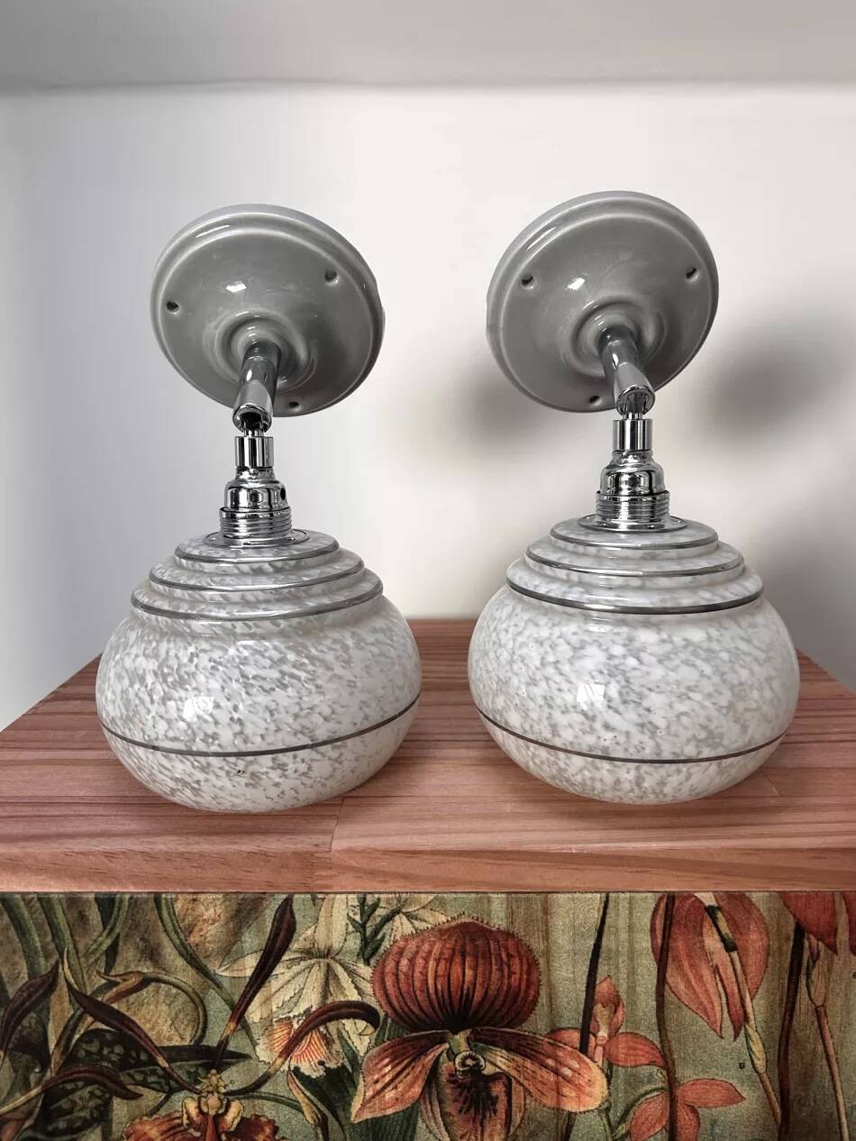 Pair of ceramic and glass wall sconces