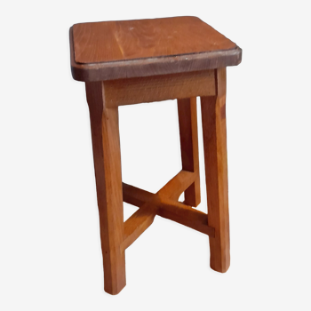 Old 4-foot stool, cross structure, varnished solid wood, 1970s