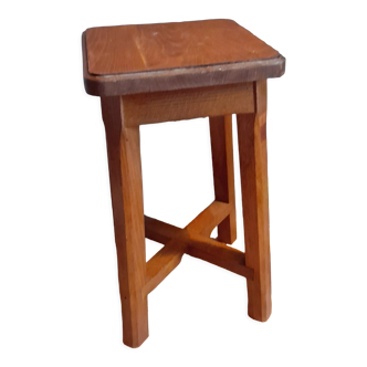 Old 4-foot stool, cross structure, varnished solid wood, 1970s