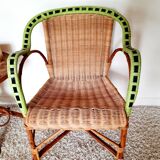 50s/60s rattan armchair with black apple green edging