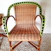 1950s 60s rattan armchair with green apple and black piping.