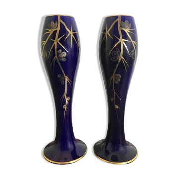 Lot de deux vases en porcelaine bleu et or Art Déco 1920 Maurice Pinon Heuze