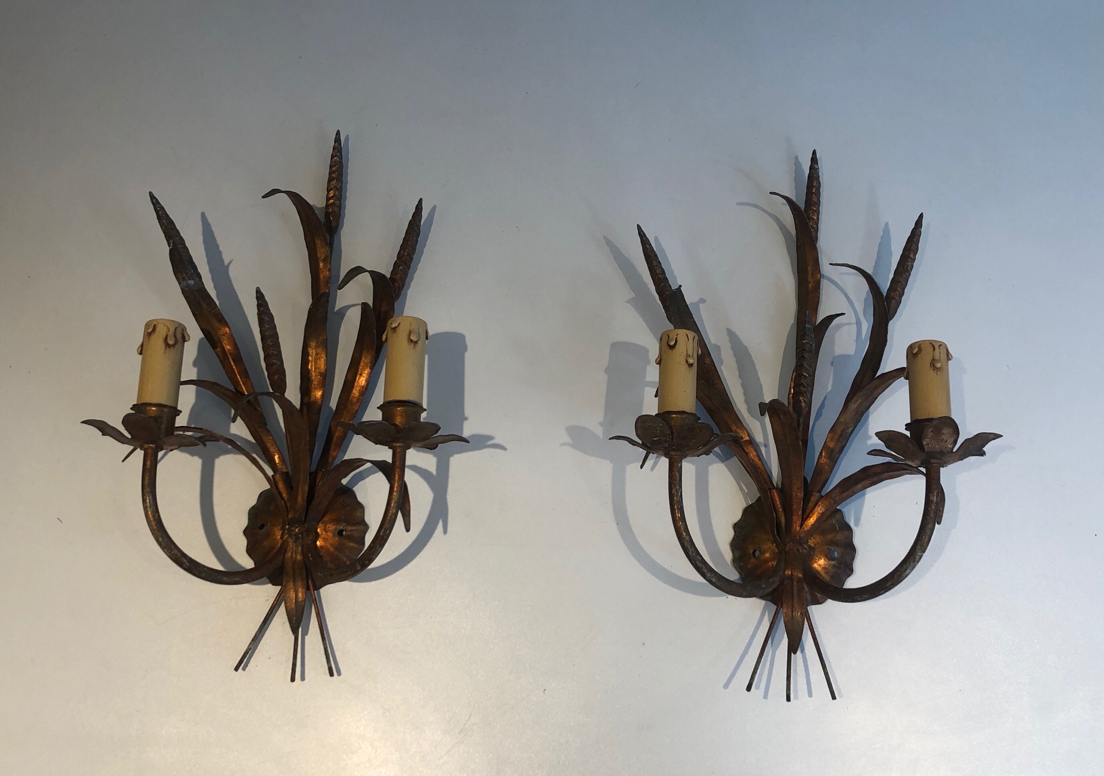 Pair of Coco Channel Style Wall Lamps in Golden Metal with Wheat Epis. French work. Around 1970