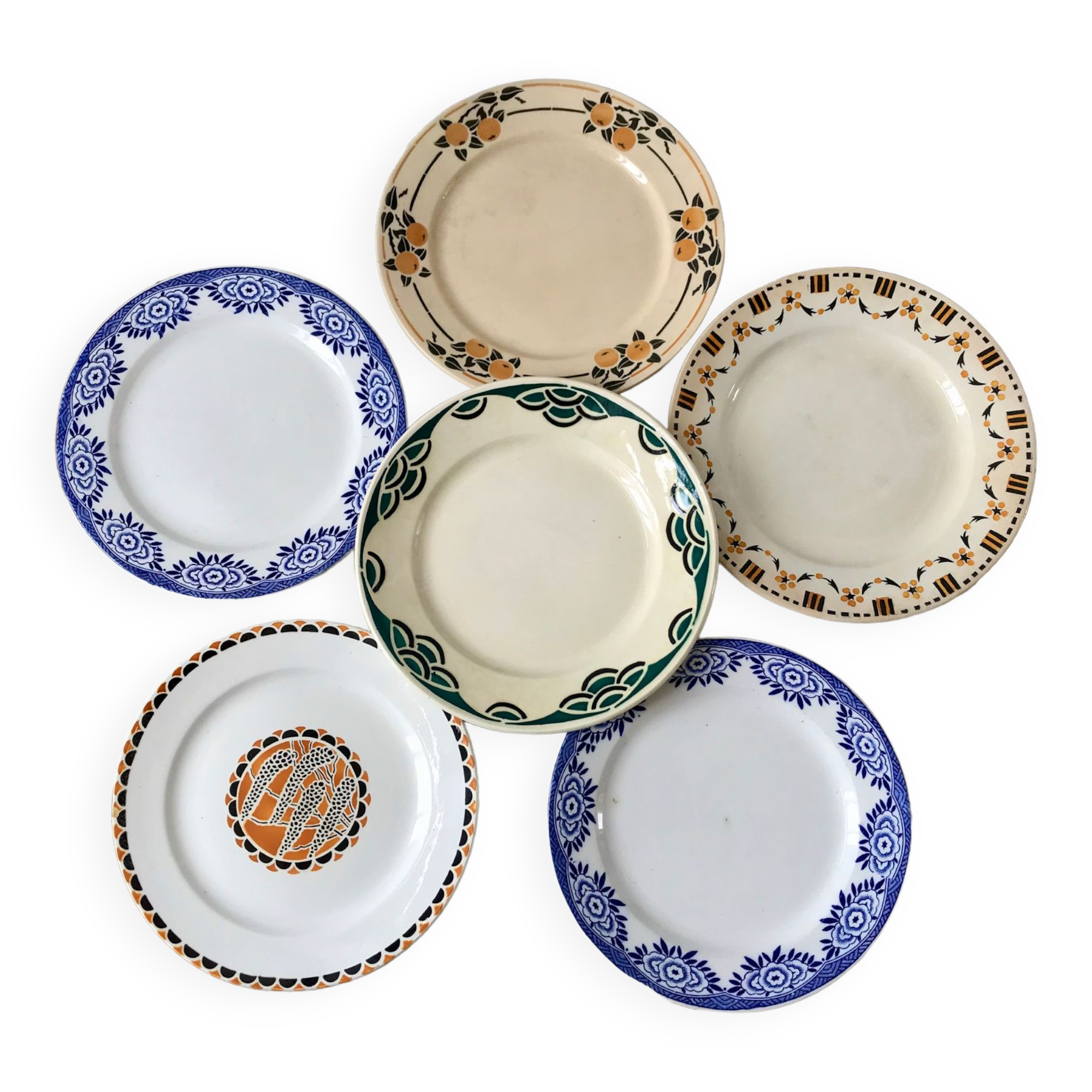 Lot de 6 assiettes à dessert Gien, Digoin "Capri" et "Nomeny", Badonviller "Novelty", "Madeleine"