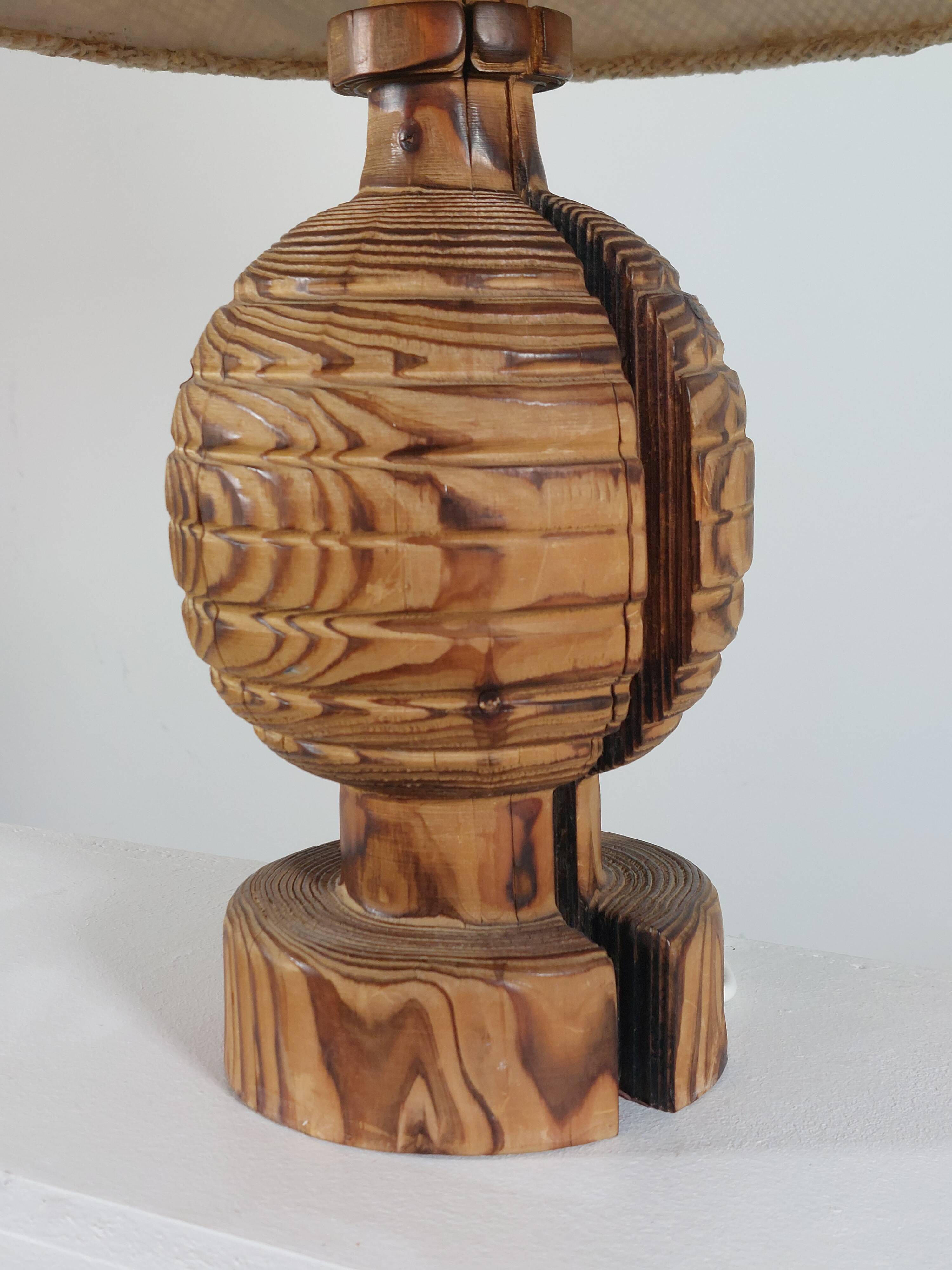 Rare vintage Mid Century brutalist flamed pine table lamp  by Temde