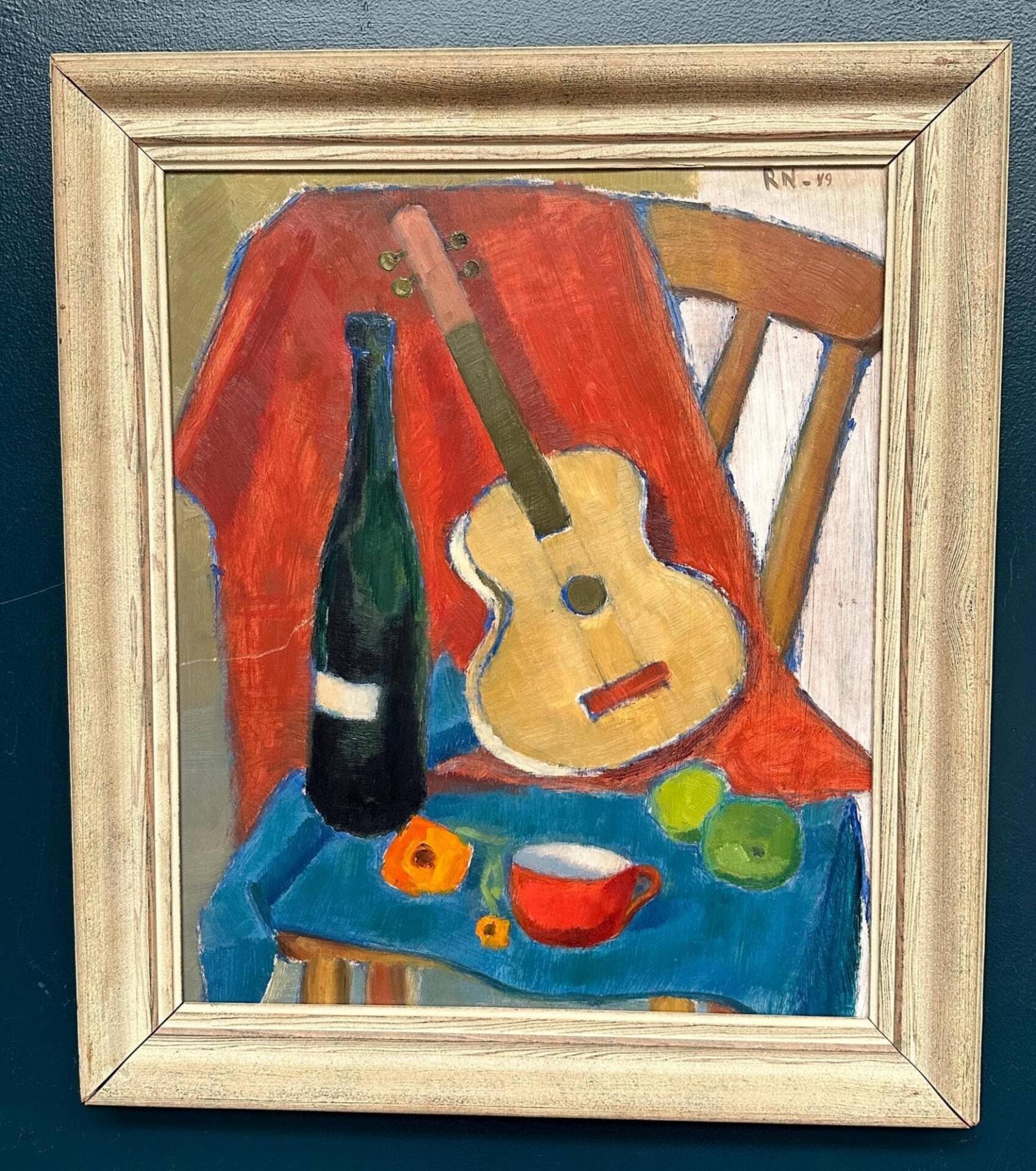 Swedish Oil on Canvas – “Still Life with Guitar and Wine Bottle”