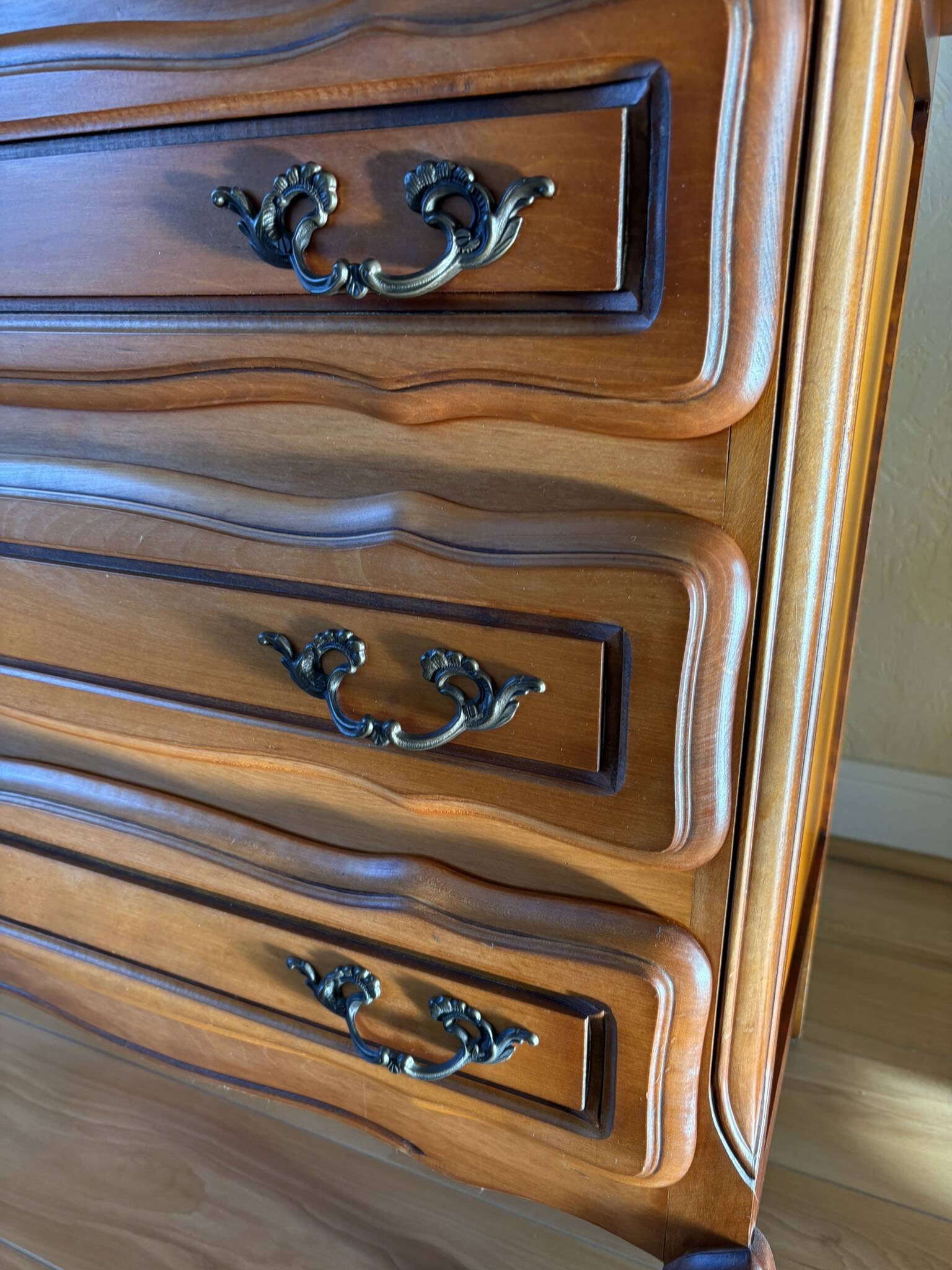 Vintage wooden chest of drawers, Louis XV style with curved drawers