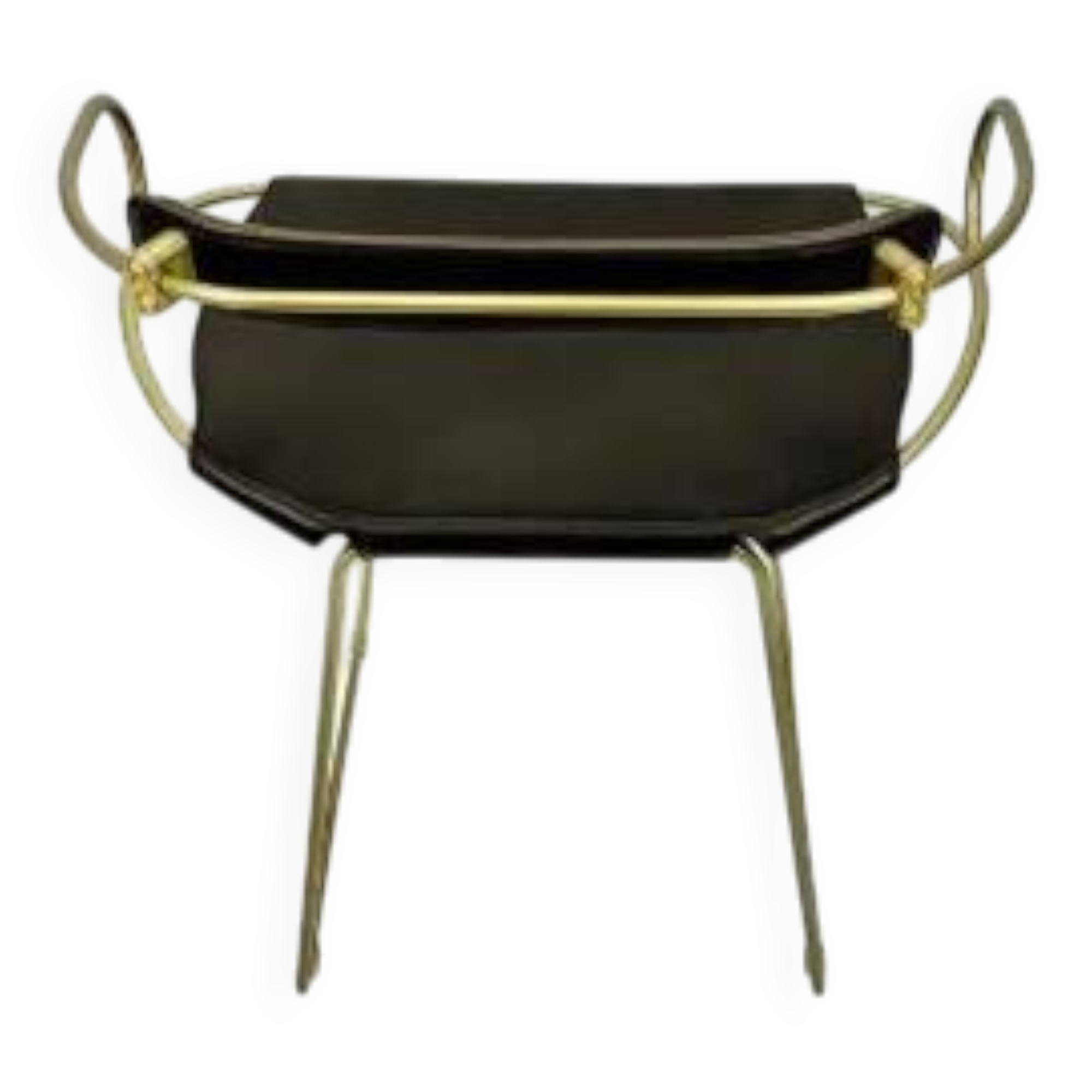 Bar stool with a vintage brass backrest and black leather.