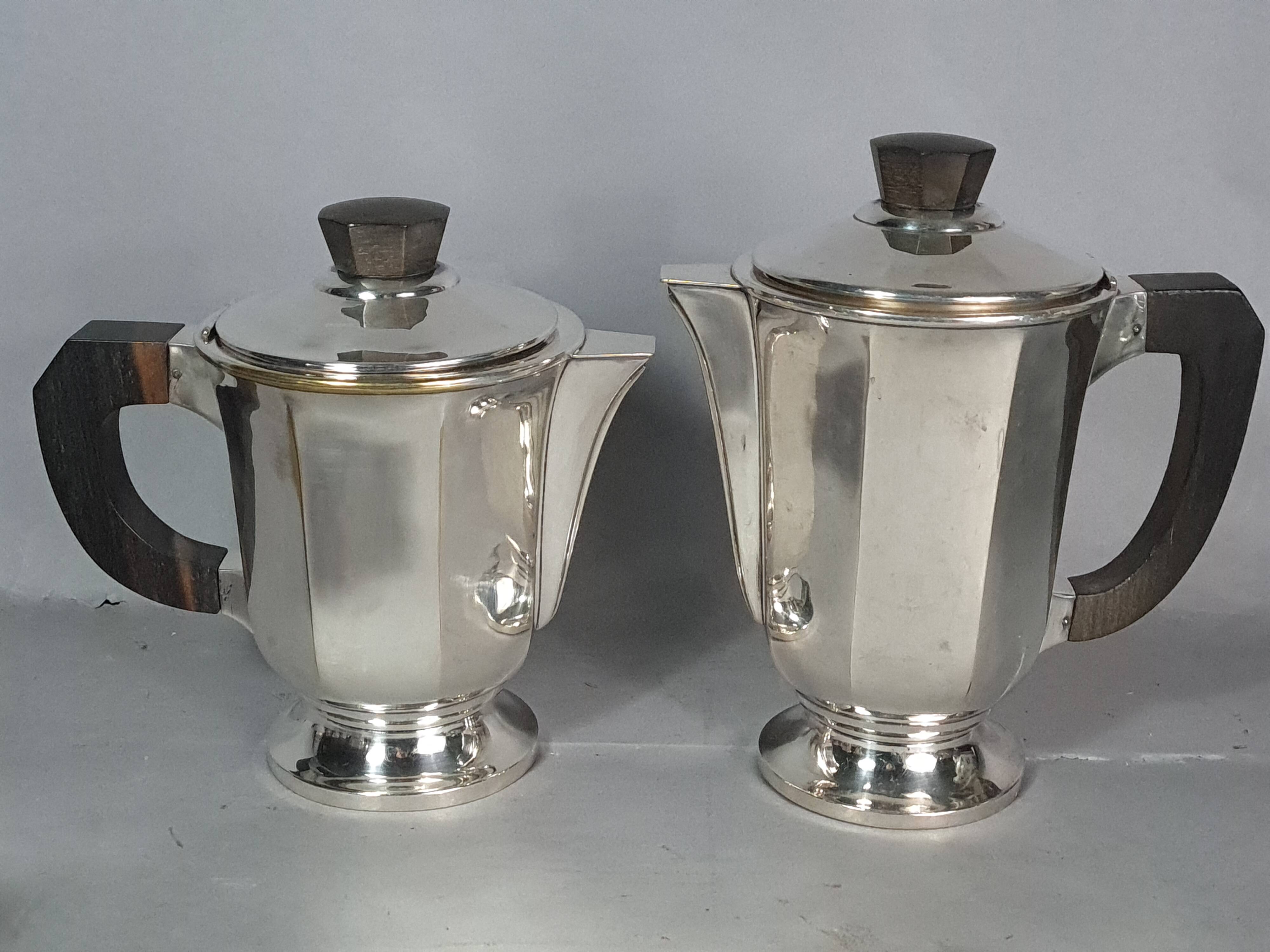 Service café & thé Art déco métal argenté et palissandre S889