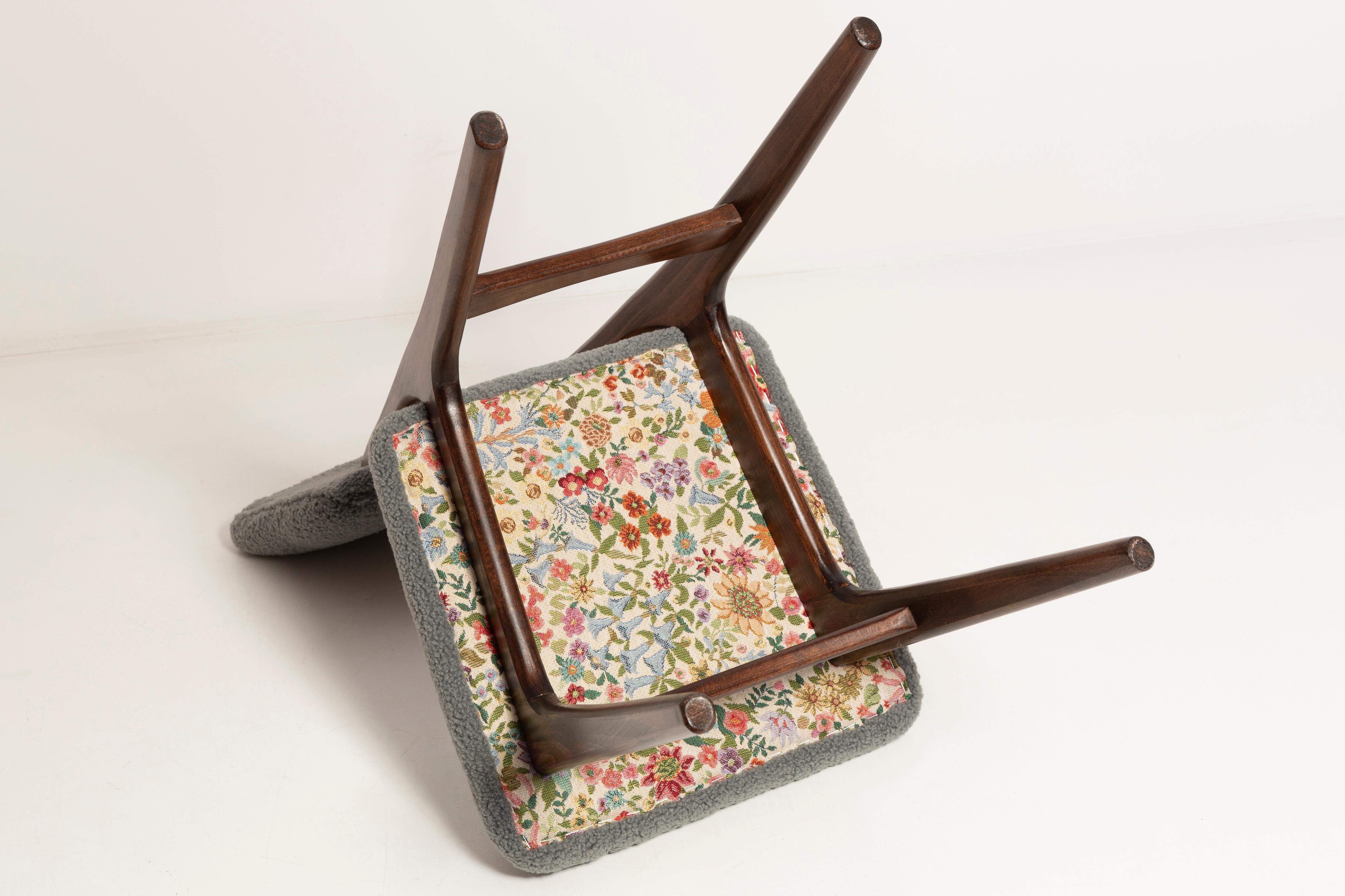 Chaise de salle à manger papillon milieu du siècle, bouclé gris, bois noyer foncé, Europe, années 1960