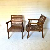 pair of armchairs with slats in chene 1950