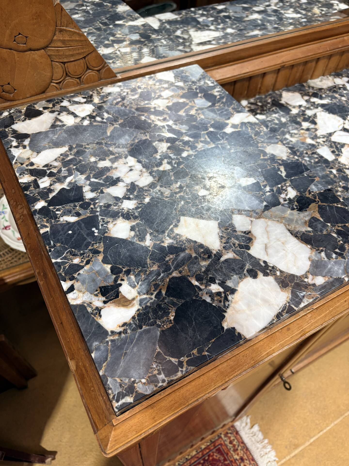 Art Deco buffet in carved walnut, marble and large mirror – 1930s