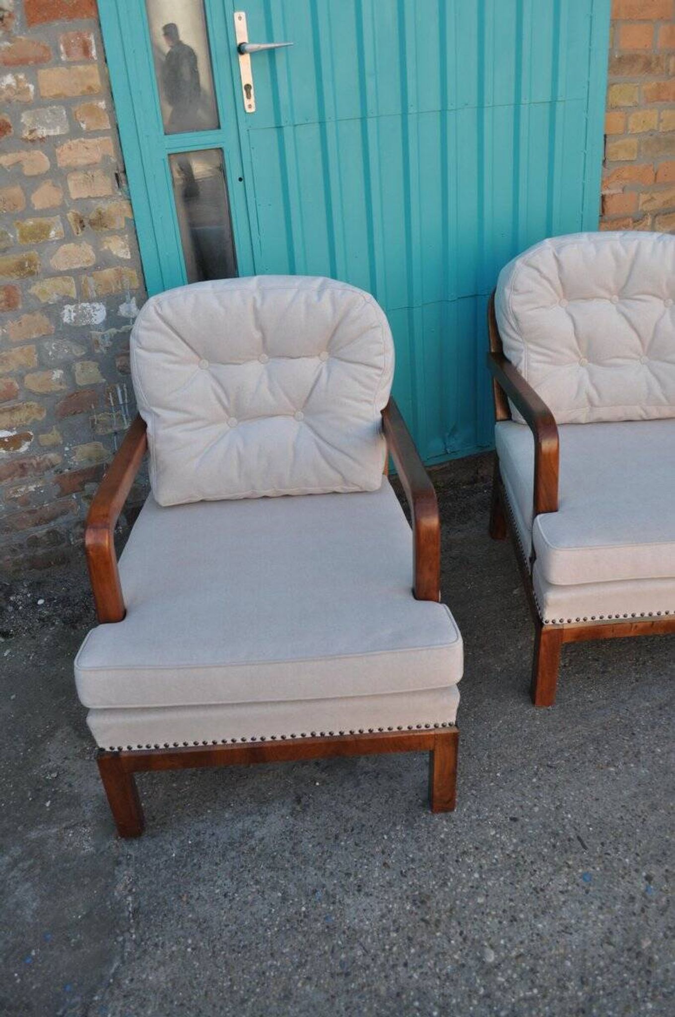 Pair of Art Deco brown and cream chairs in cherry wood and fabric, 1930s.