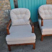 Pair of Art Deco brown and cream chairs in cherry wood and fabric, 1930s.