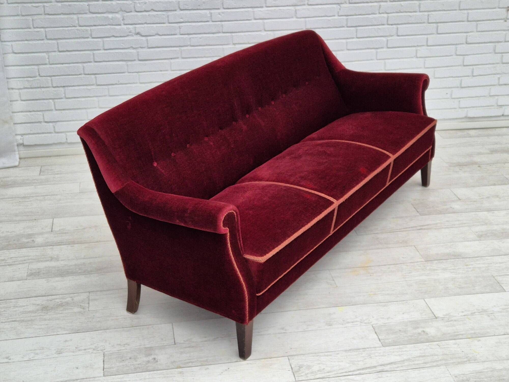 1960s, Danish 3 seater sofa, original good condition, furniture velour, beech wood .