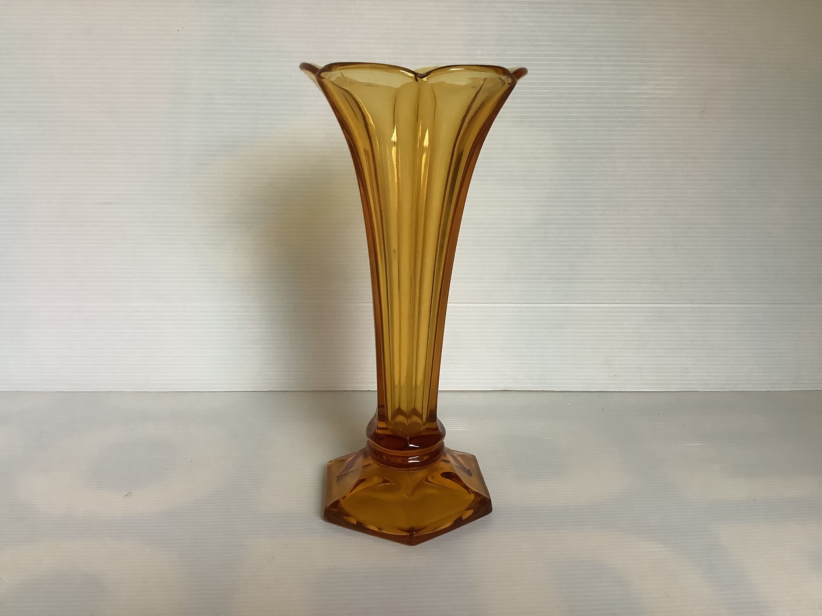 Old flower-shaped vase, moulded yellow glass, Art Deco.