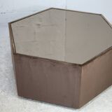 Space age table, hexagonal. Wood, velvet and smoked mirror. Circa 1970