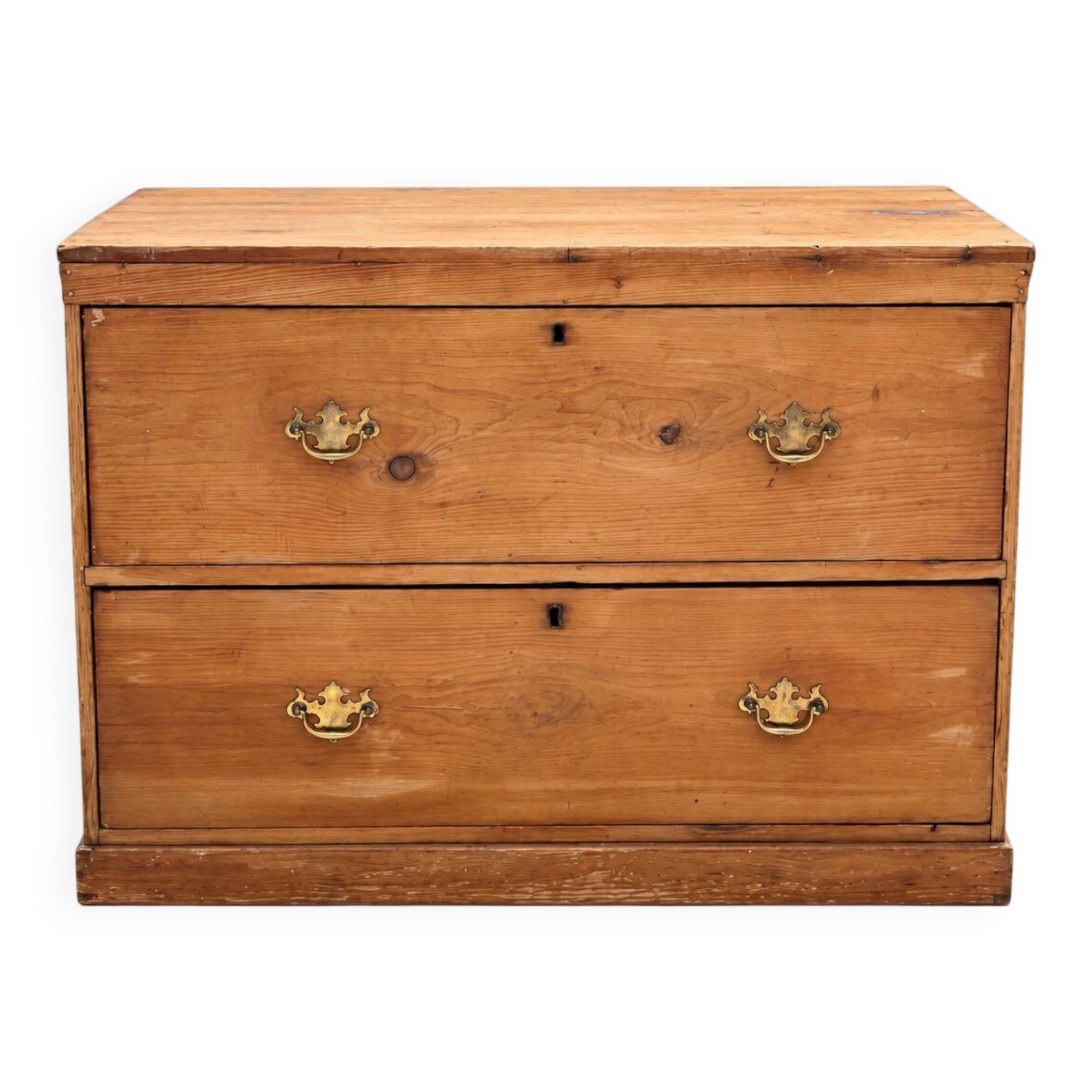 Commode basse ancienne en pin – 2 grands tiroirs